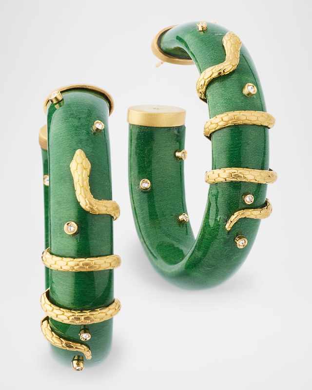 Green-Lacquered Marquetry Hoop Earrings with Diamonds and Emeralds